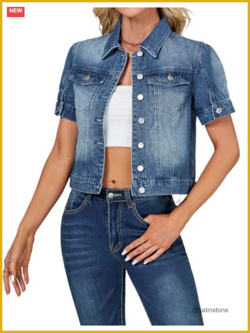 Cropped Denim Jacket Women Puff Short Sleeve Button Down Trucker Jean